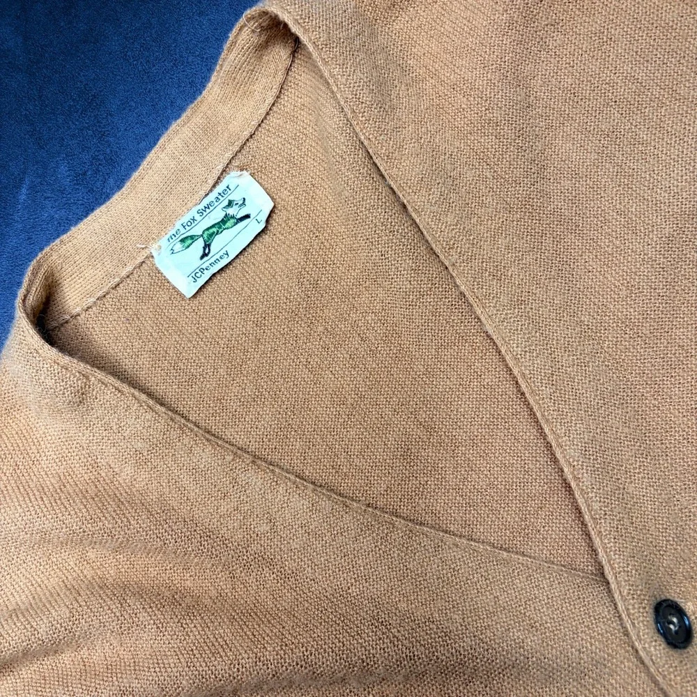 Vintage 80s JCPenney Fox Sweater Mens Large Camel Acrylic Knit Cardigan Grandpa